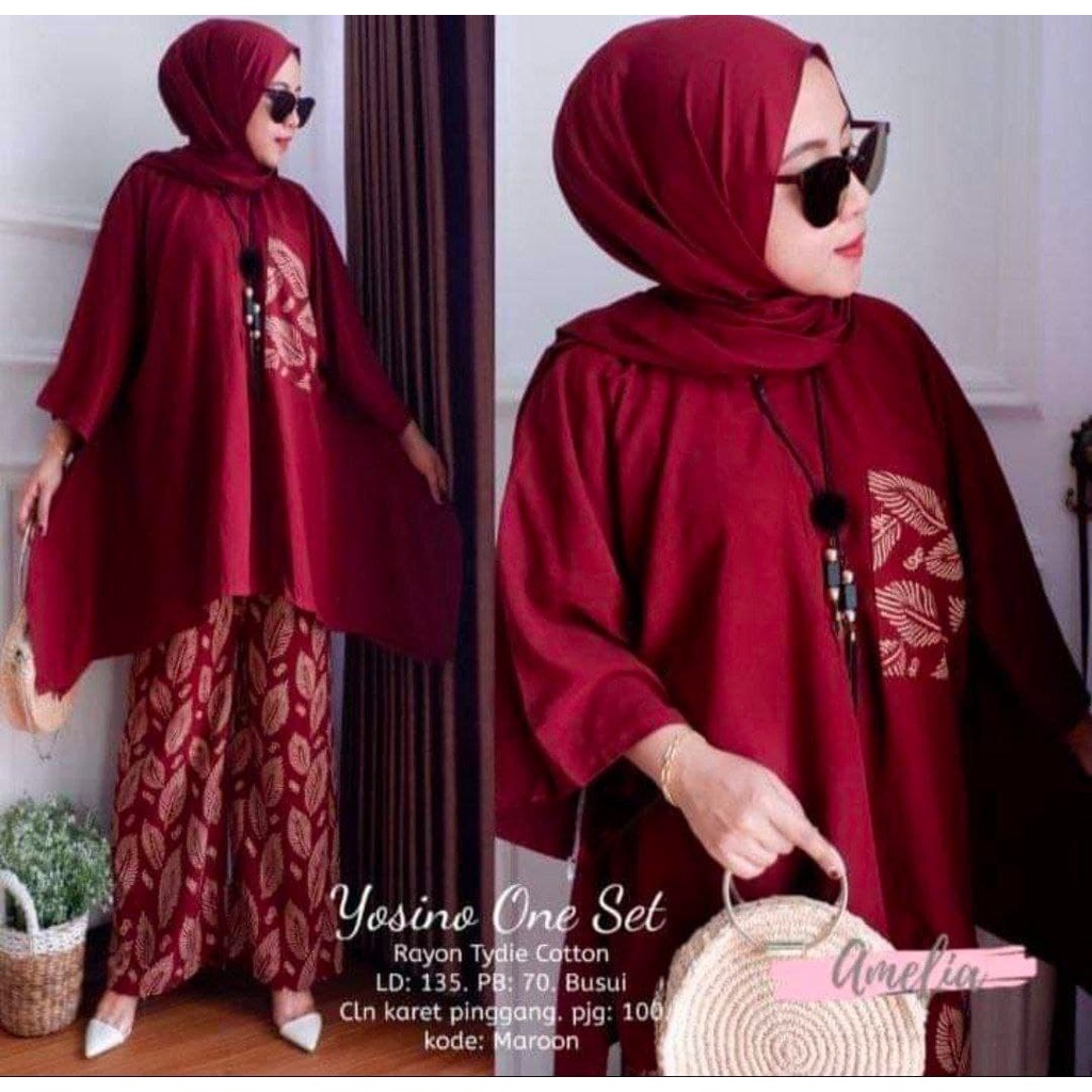 One Set Yosino - One Set Jumbo Rayon Tie Dye Premium Waka Waka Setelan Wanita Celana Panjang Set Bigsize LD 140 cm
