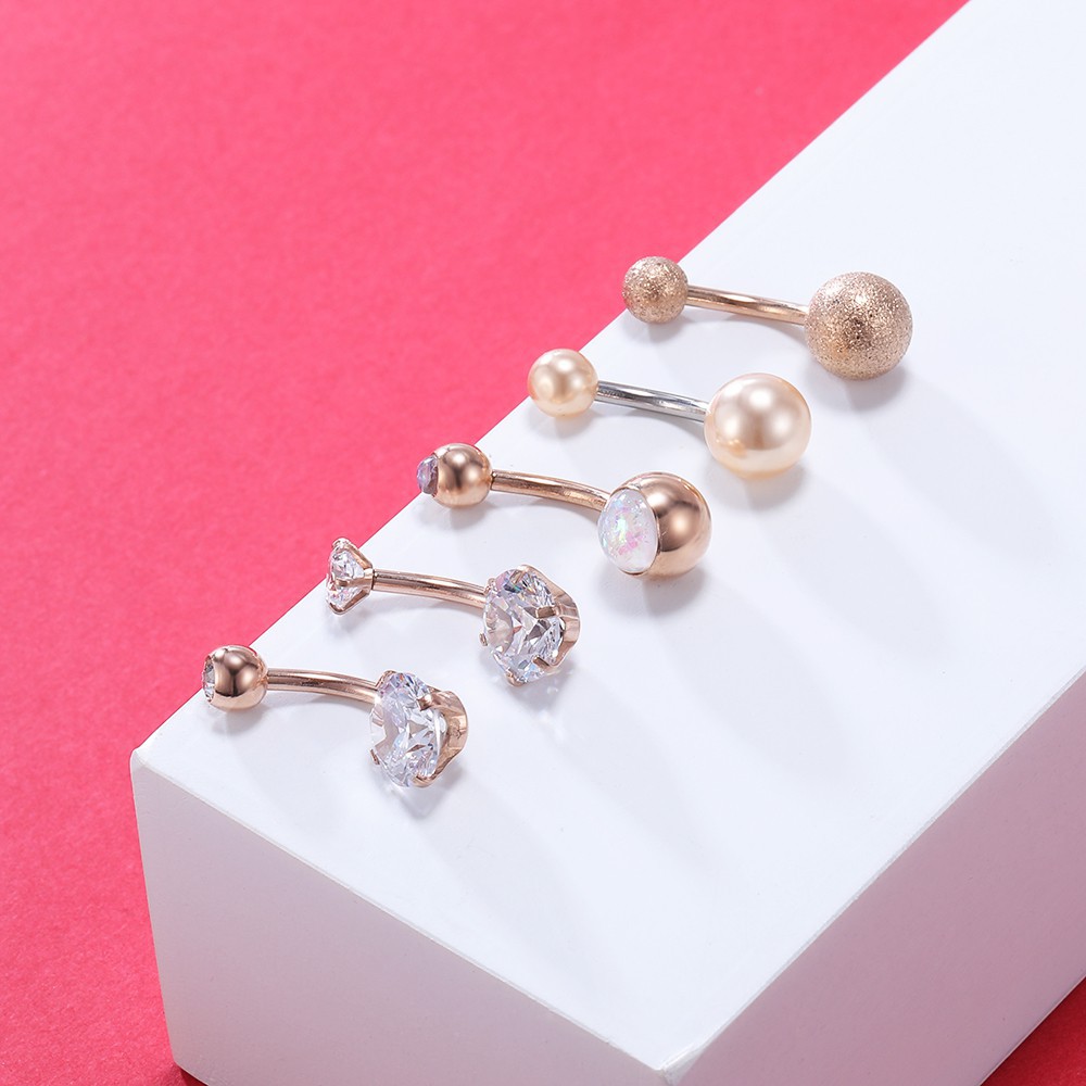 5-14pcs / lot Cincin Tindik Perut Bahan Stainless Steel 316L 14G Anti Alergi Aksen Kristal Warna-Warni
