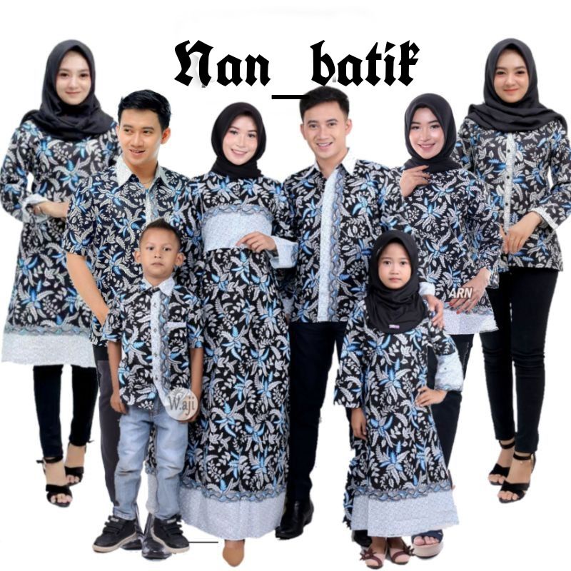 Couple Keluarga Motif Blarak Biru - Couple Batik Pria wanita - Couple ayah ibu anak standar Jumbo
