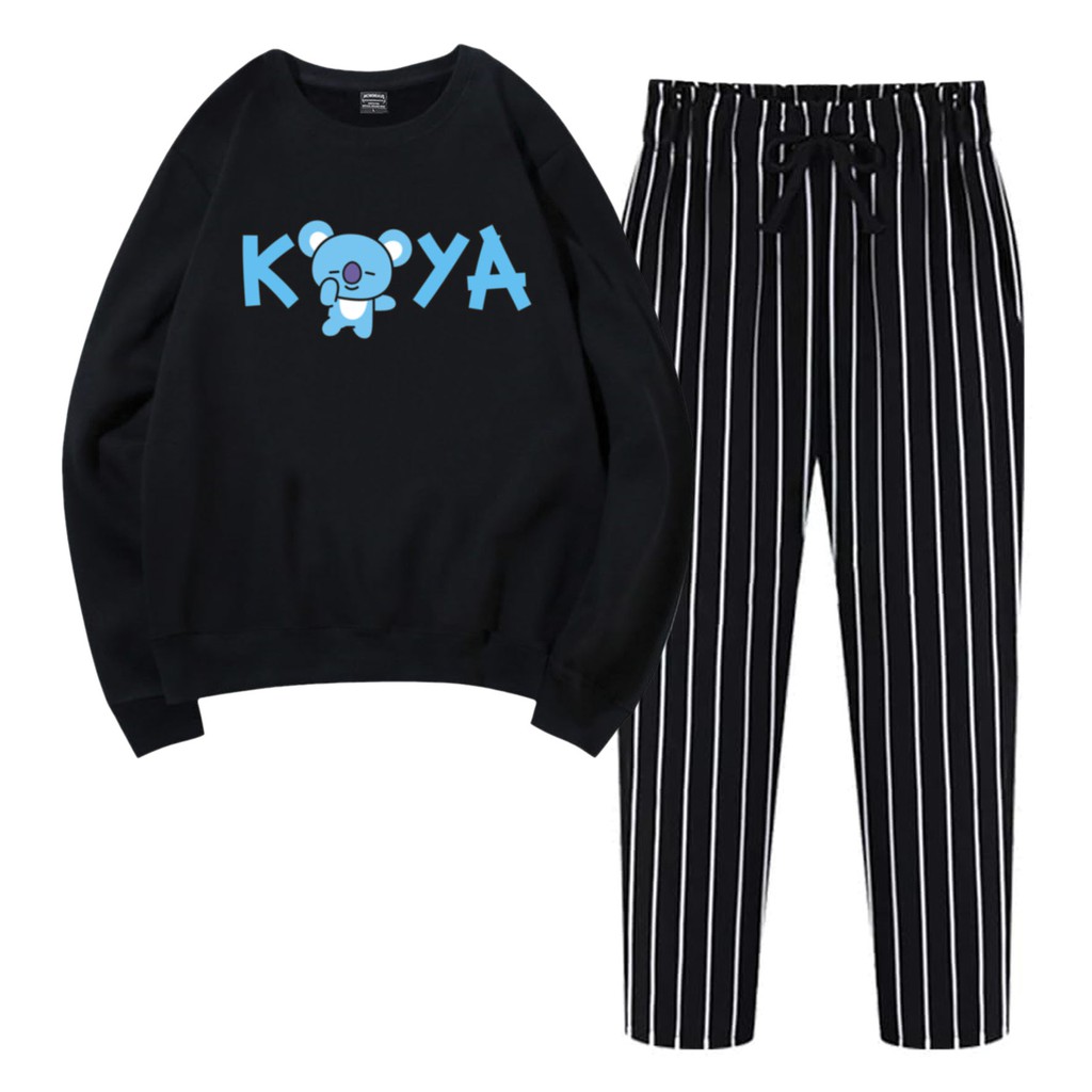 BESS - Baju Setelan Wanita Murah / Setelan Sweater + Celana Salur Hitam - TOYA FONT