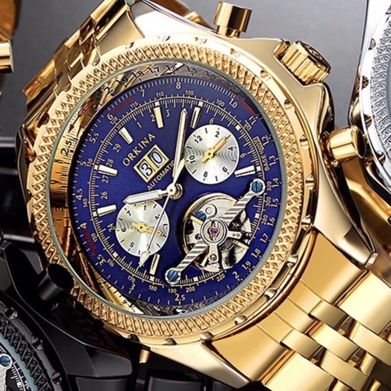 ORIGINAL Jam Tangan MG ORKINA Pria Cowok Men Automatic Mechanical Wrist Watch - Gold Blue