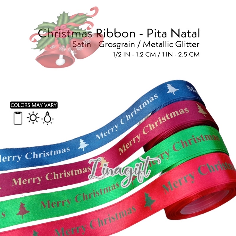 ( Meter ) PITA NATAL - PITA KADO SATIN GROSGRAIN GLITER EMAS 1IN 0.5INCH 2.5CM 4CM - PITA MERAH RED 20MM 25MM 40MM XMAS GOLD MERRY CHRISTMAS