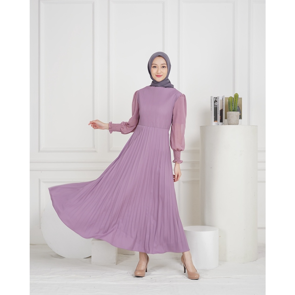 DEMORIN- Gamis Plisket mix Tile Fashion Wanita Muslim Premium - DEMORIN