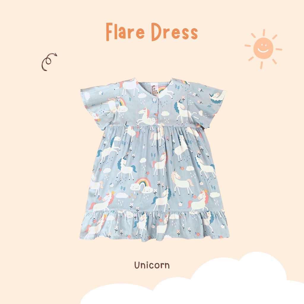 Yobebee Flare Dress Rayon Anak Perempuan Usia 2 3 4 6 7 Tahun Baju Blouse Korea Gaun Babydoll Daster Kids Motif Bunga Karakter Katun Lembut Model Baju Casual Harian Main Santai Anak Cewek