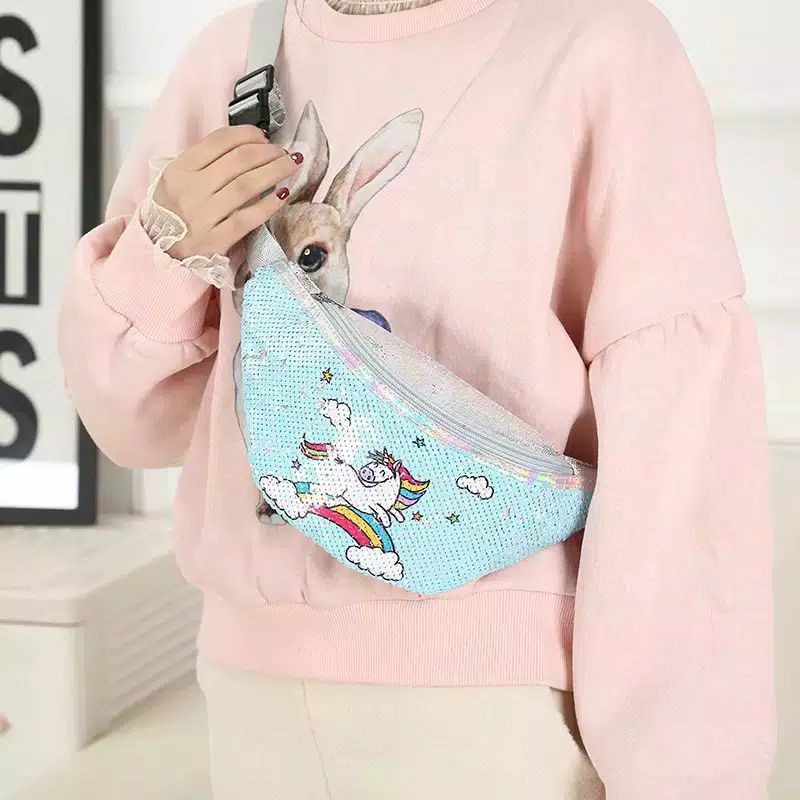 WISTBAG UNICORN IMPORT/TAS SELEMPANG ANAK/WAISTBAG ANAK CEWE/TAS UNICORN SEQUIN IMPORT/TAS SELEMPANG