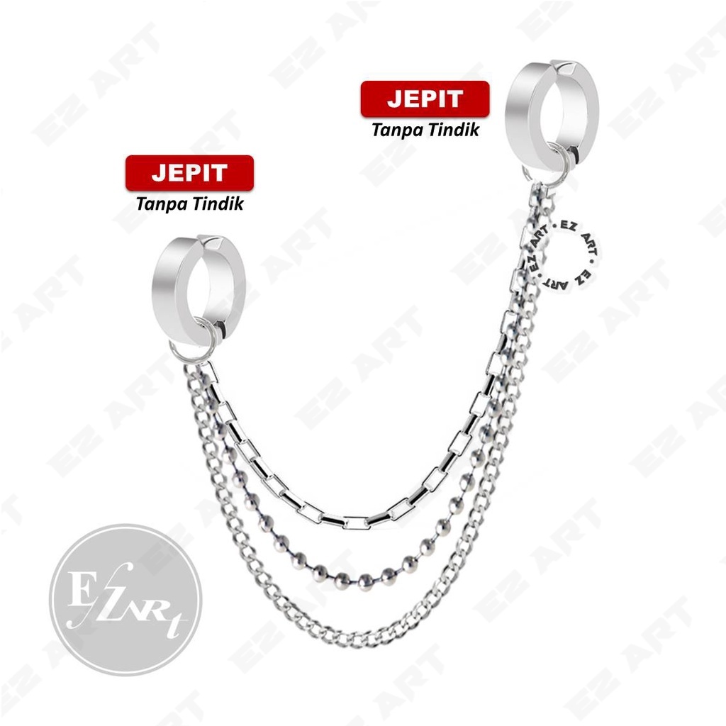 Anting Fashion Cowok Triple Helix 3 Tipe Sambungan Rantai Jepit Tusuk Variasi Bandul Gaya Punk Korea KPOP BTS Stainless Steel Kode EZ-D