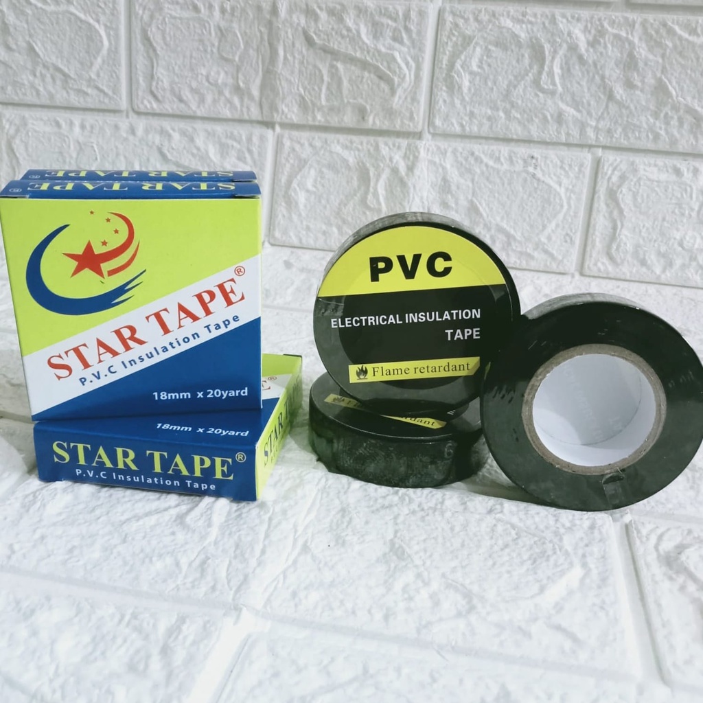 

LAKBAN / SOLASI KABEL HITAM 1.8 X 20 YARD KABEL LISTRIK SELOTIP ELECTRICAL TAPE ISOLASI PVC STAR TAPE