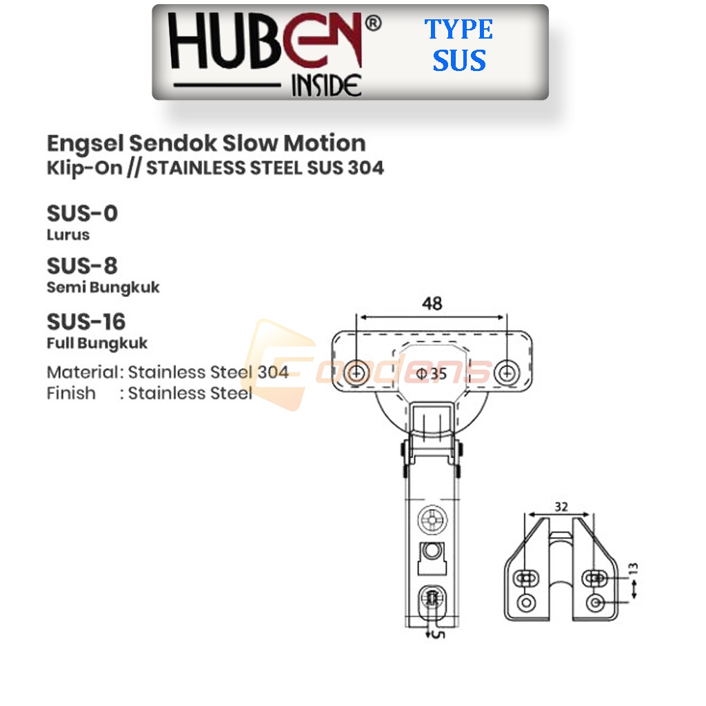 Huben SUS  Engsel Sendok Stainless Steel Slow Motion Engsel Pintu Lemari Soft Close