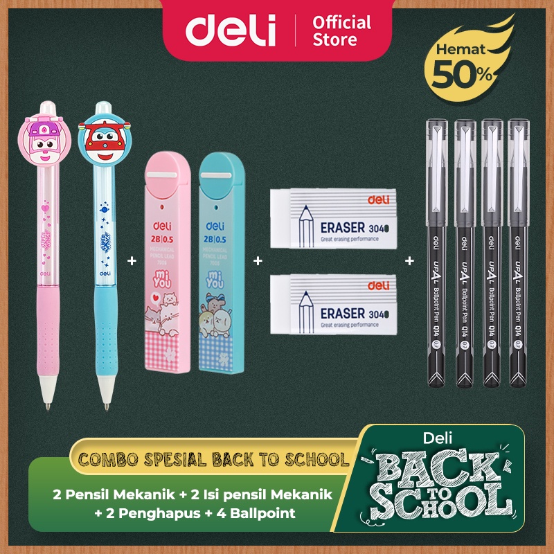 

[ DELI Back to School COMBO HEMAT 11] Pensil Mekanik, Isi Pensil Mekanik, Penghapus, Pulpen