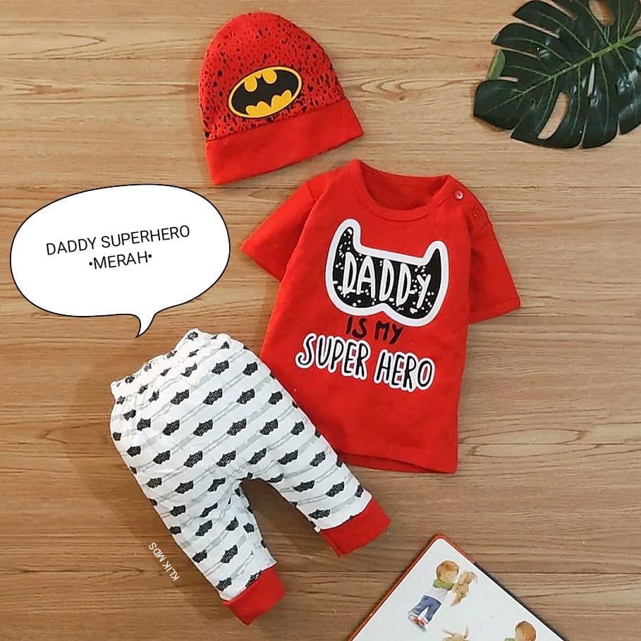 Baju Bayi Laki-Laki Setelan Anak Bayi Free Topi Pakaian Bayi Daddy is My Superhero 1 Ukuran