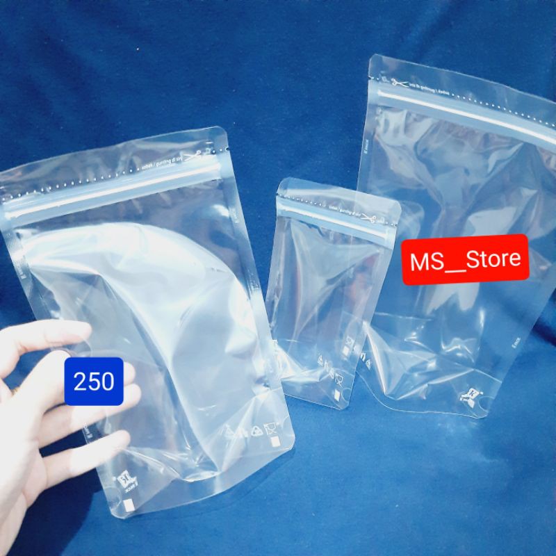 Standing pouch plastik klip bening berdiri 250 wadah makanan snack 20,5x13