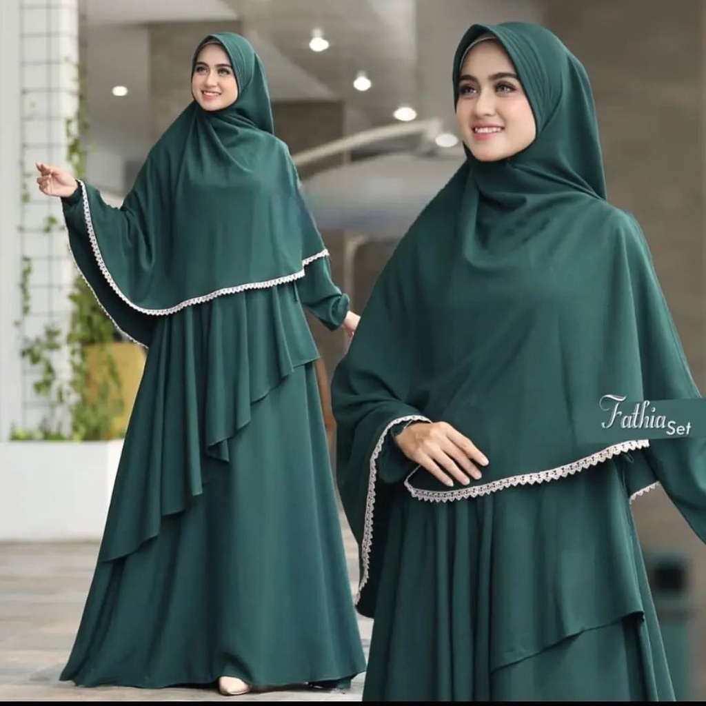 Fathia Set Syar'i / Gamis Muslim Matt Mangocrepe Set Jilbab / Dress Wanita Aksen Renda / Murah Kekin