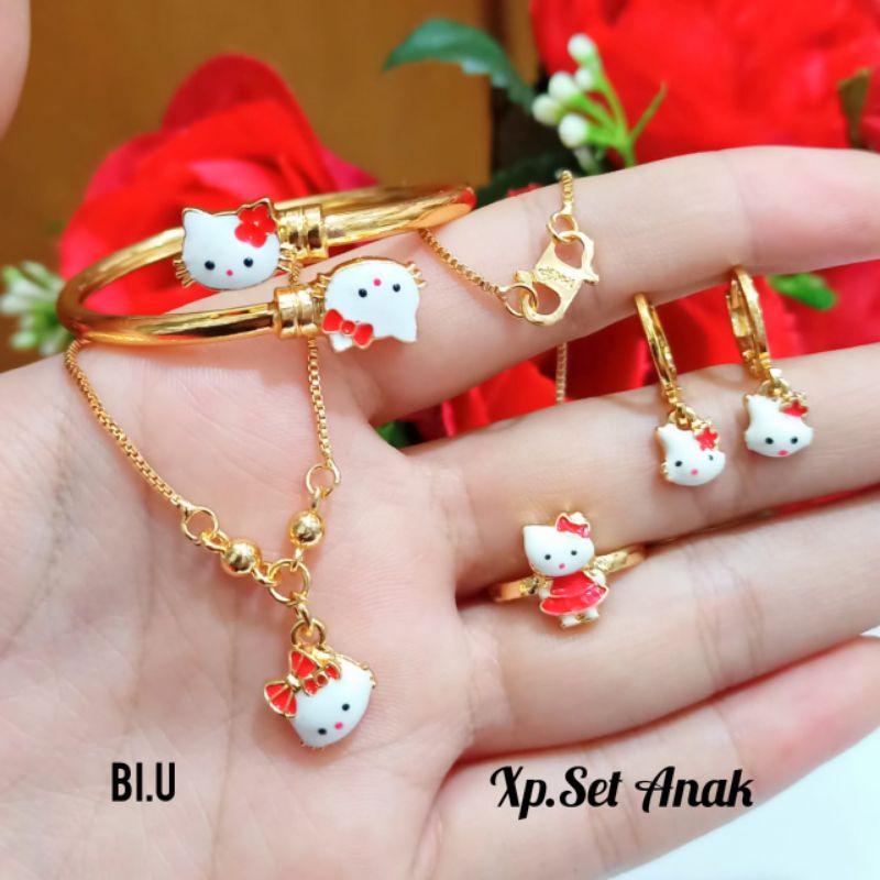 Set perhiasan Anak Karakter Hello Kitty Gold,tidak karat,termurah (COD)