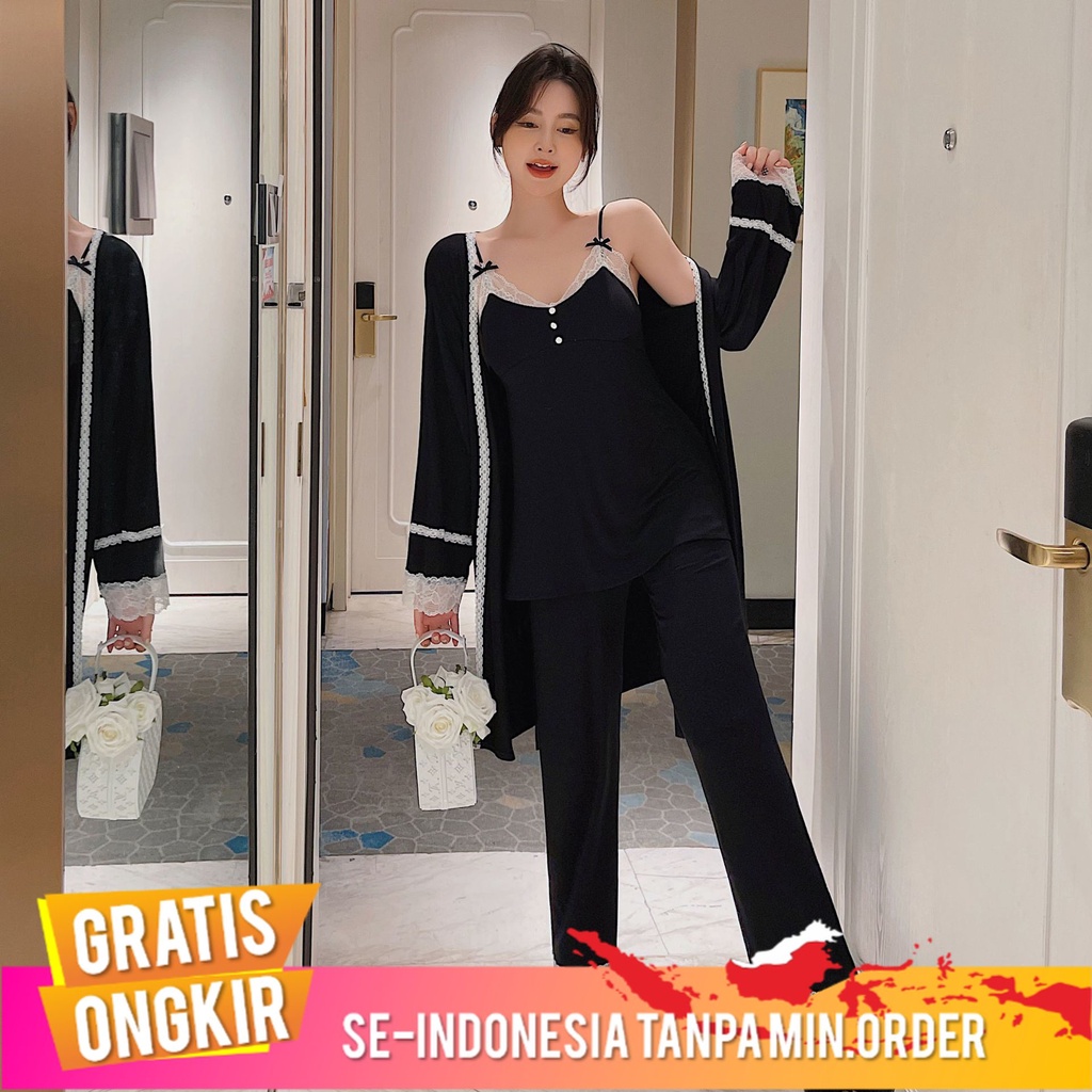 Piyama Wanita Kapas Lengan Panjang Baju Tidur  Istana Manis Spaghetti Tali Piyama Tiga buah Set