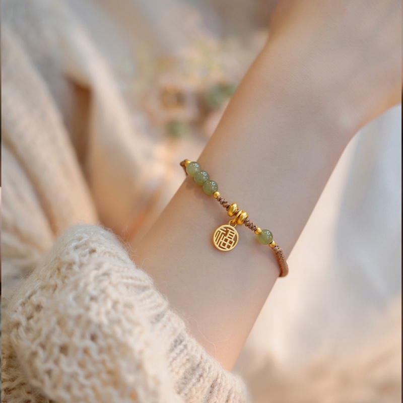 Gelang Tangan Silver 925 Wanita Hias Batu Giok Hetian Alami Gaya Vintage