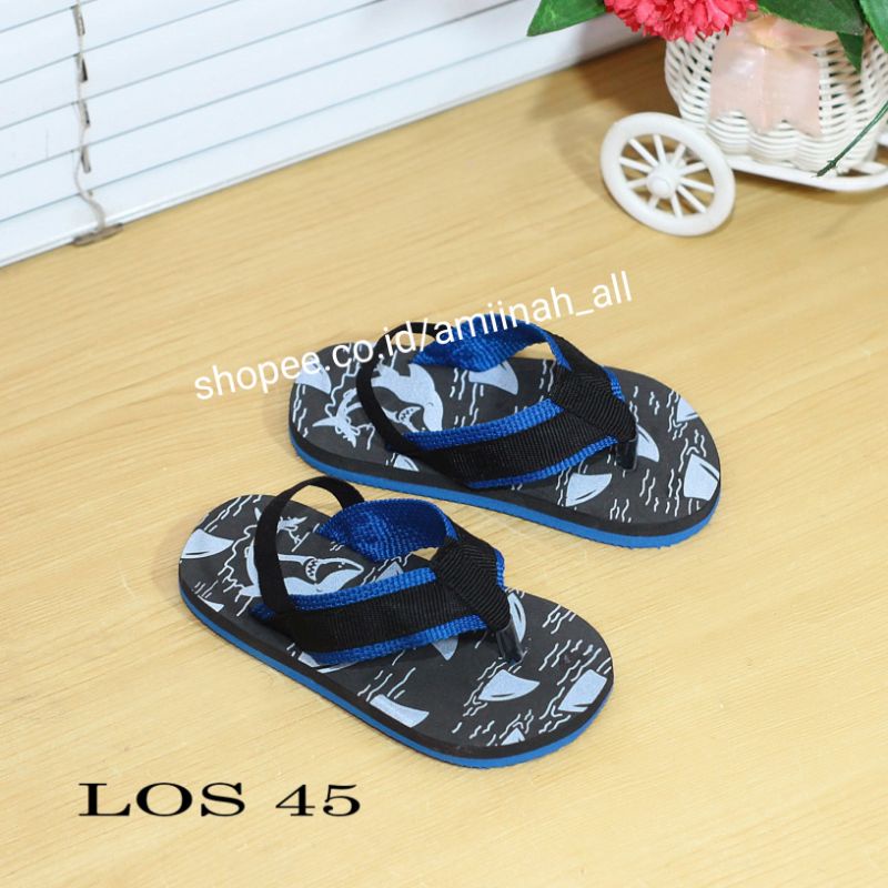 Sandal anak lucu tali belakang motif LUMBA Hitam Plat Blue