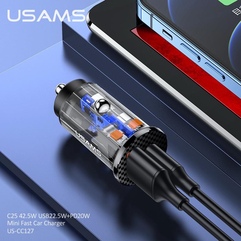 USAMS C25 42.5W Mini Fast Car Charger USB 22.5W + PD 20W