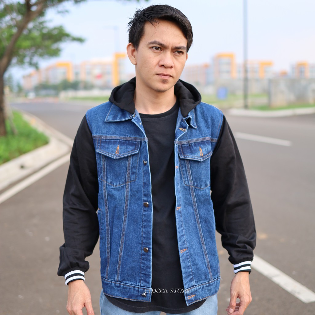 Jaket Jeans Hoodie Boy - Biowash Hitam