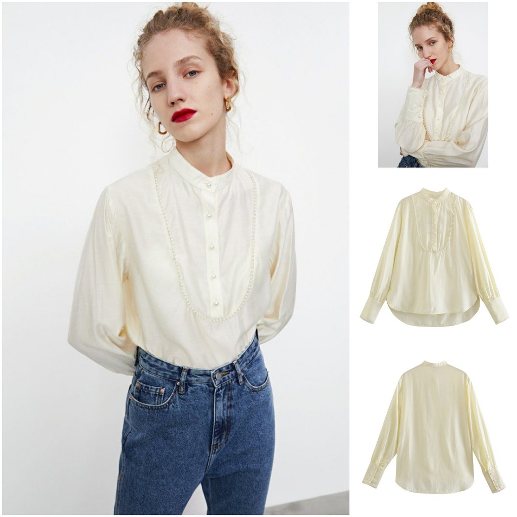 BAJU WANITA KOREA HIGH NECK POLOS WARNA IVORY LENGAN PANJANG 6VEN1413