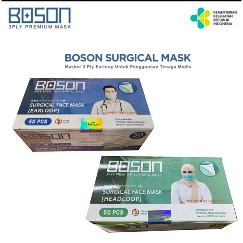 Original BOSON SURGICAL Mask Earloop 3 ply / Masker Medis Isi 50 pcs Kemasan Baru