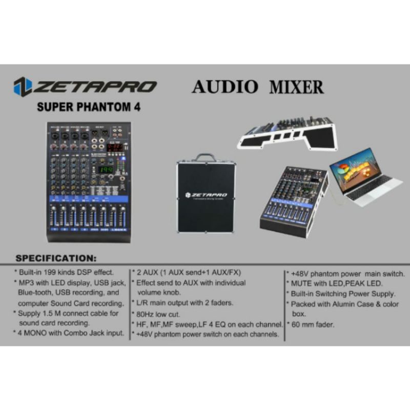 Mixer Audio Zetapro Super Phantom 4 Channel Original Free Hardcase