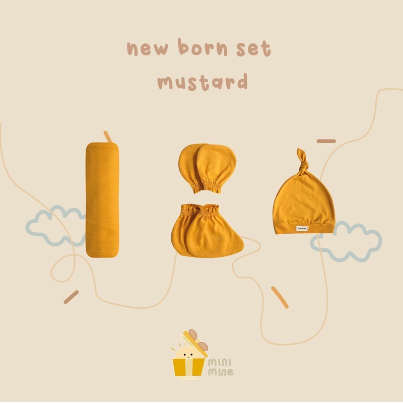 Minimine - New Born Set New Color ( Swaddle + Knot Hat + Mitten and Botties ) berisi bedong, topi, dan sarung tangan dan kaki bayi baru lahir-MUSTARD