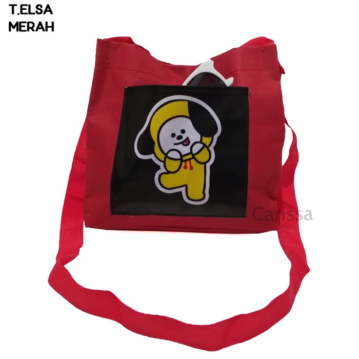 Monellina T.ELSA Tas Tote BT21 BTS Kecil Kanvas Korea Murah Wanita Kek - Merah