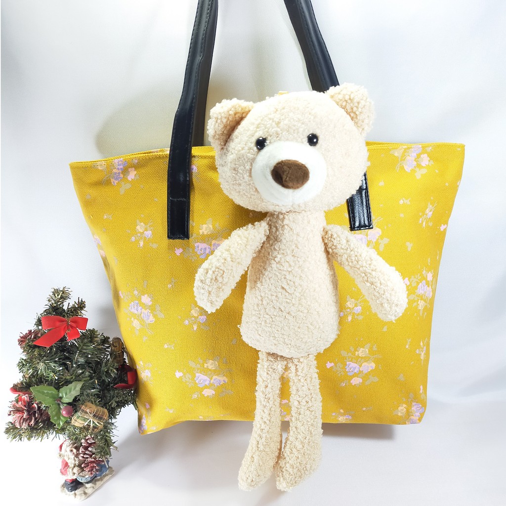 Tas Tote Bahu Shoulder Bag Wanita Ukuran Besar Boneka Bear Beruang Kanvas Motif Bunga Impor