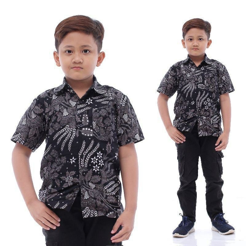 Kemeja Batik Anak Pendek Motif Kobes Abu Usia 1-12 Tahun