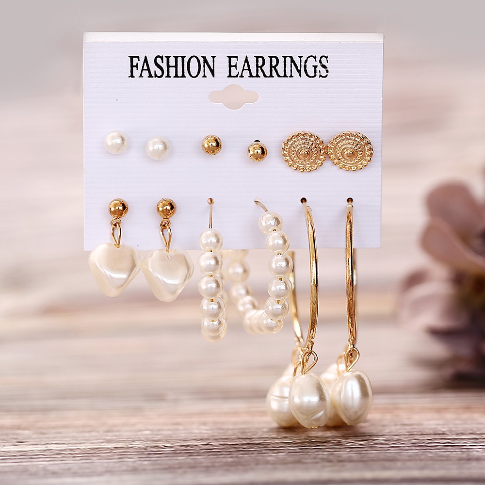 6 Pasang / Set Anting Tusuk Bentuk Lingkaran Aksen Mutiara + Rumbai Gaya Bohemian untuk Wanita