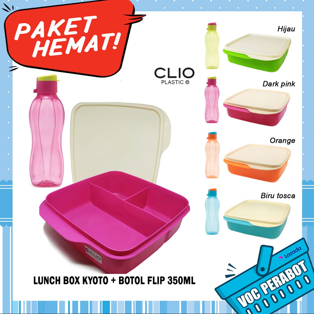 PAKET HEMAT CLIO LUCH BOX KYOTO 3 SEKAT + BOTOL MINUM TUTUP PUTAR CLIO 350ML – PERABOT