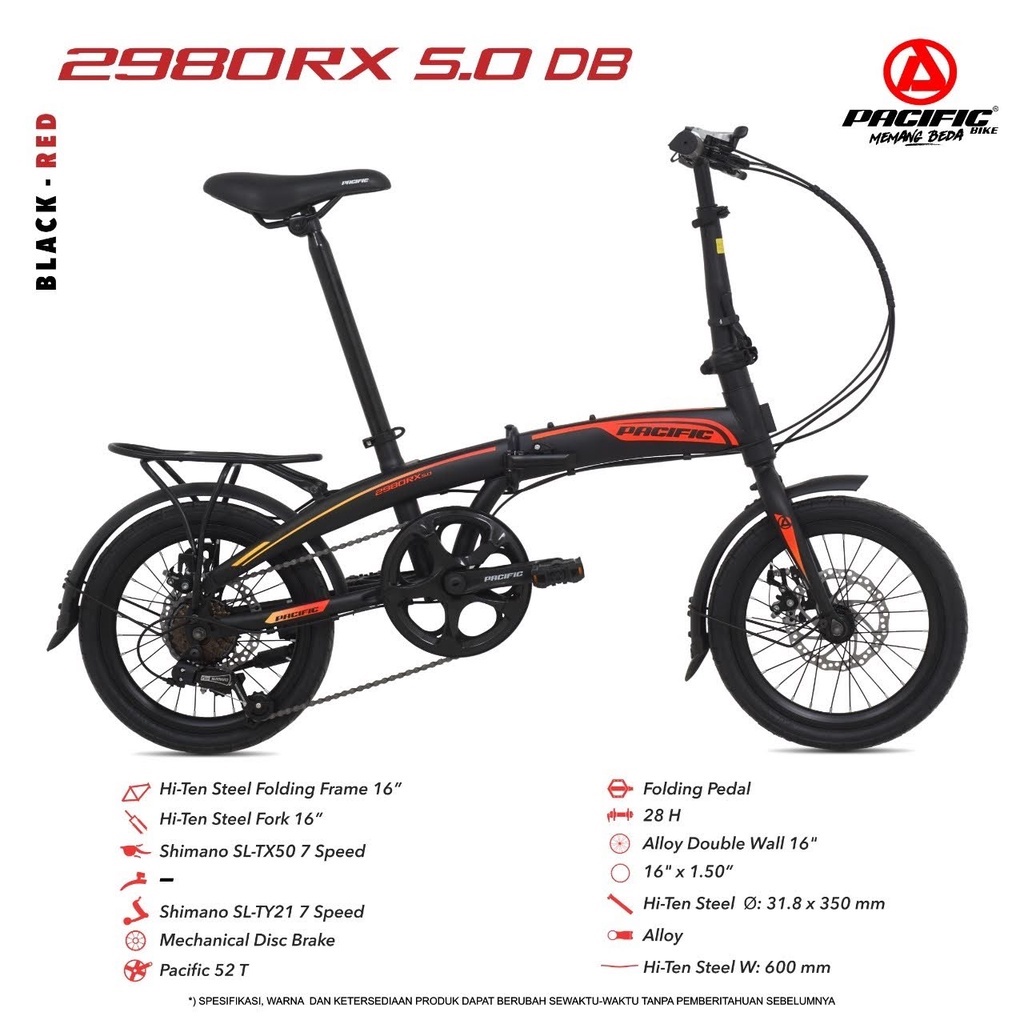 Sepeda Lipat Pacific STEEL 2980 RX 5.0 1x7SP MD 16 Inch Garansi SNI-Black Red