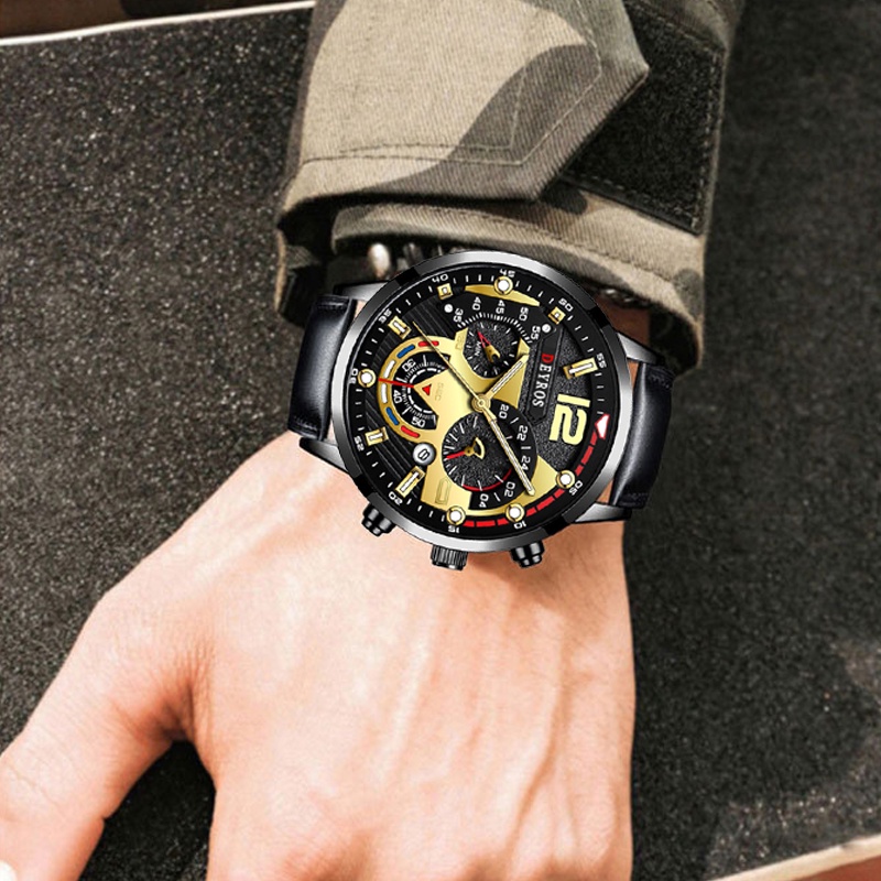 HARGA TERBAIK✅ Jam Tangan Pria Elegan Aksen Emas Tali Kulit Premium Kombinasi Sempurna Gaya Mewah Fungsionalitas Klasik JPD-02