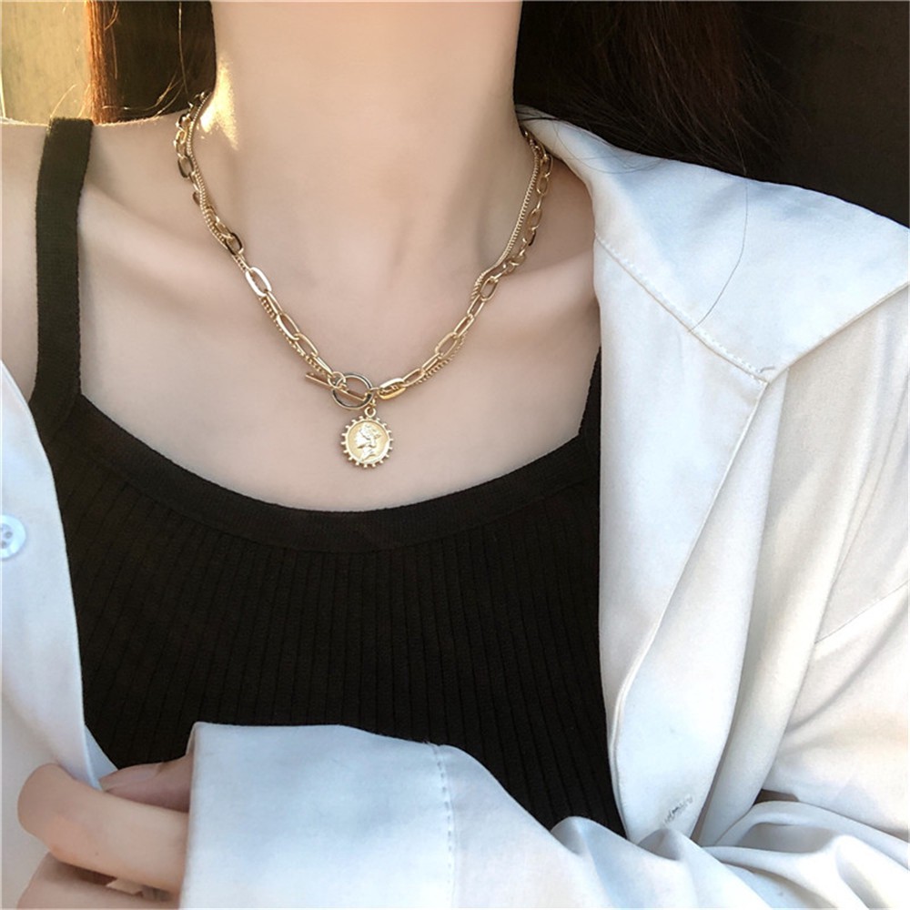 ✅COD [BBS] Kalung Rantai Logam Ganda Wanita Dengan Liontin Koin Kepala Cantik/ Aksesoris Fashion