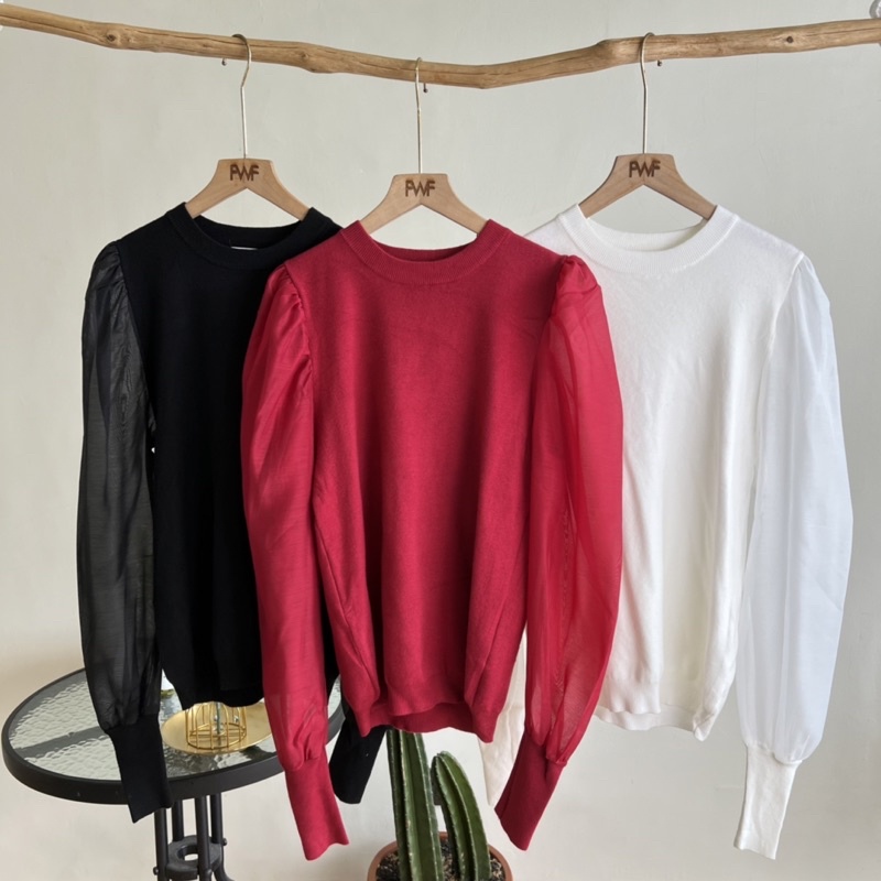 Puffed Sleeves Knit Sweater / Atasan Rajut Baju Import Wanita Lengan Balon