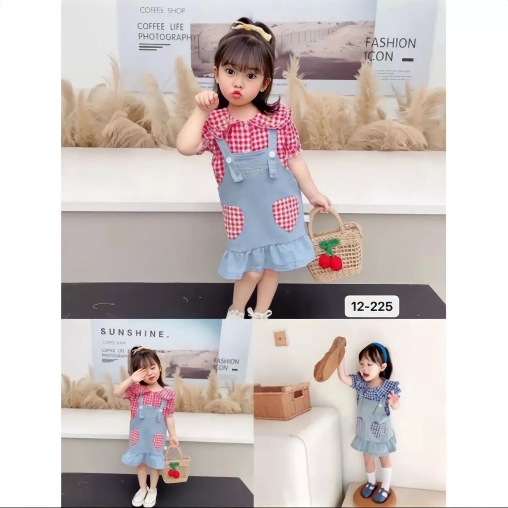 SETELAN OVERALL ROK JEANS IMPORT PREMIUM & KEMEJA KOTAK-KOTAK KOMBINASI SAKU LOVE ANAK PEREMPUAN LUC