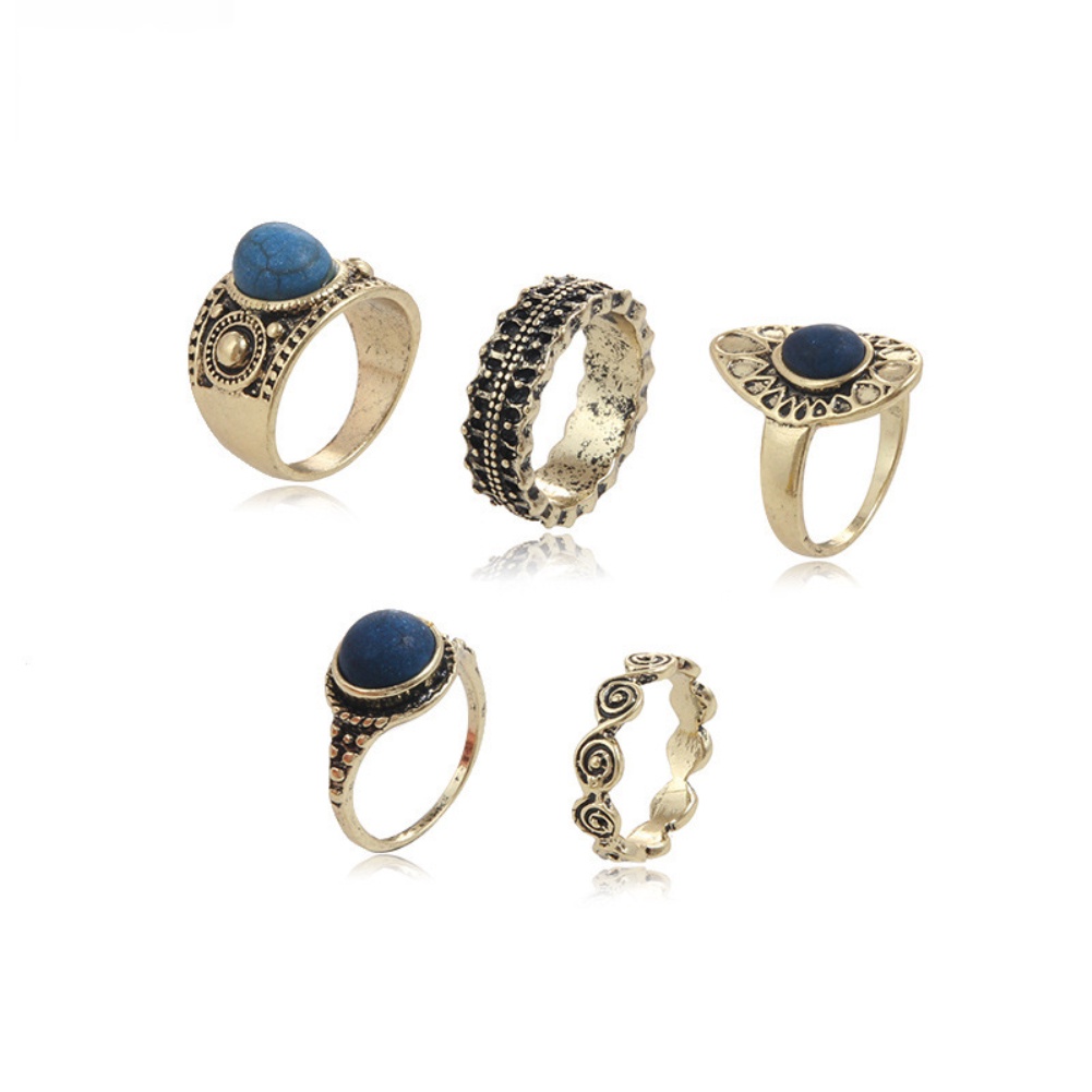 Hu Hu Hu Hu Hu Alat Bantu Pasang Kacamata♡ 5pcs / Set Cincin Alloy Gaya Vintage Bohemia Dengan Batu Biru Untuk Wanita