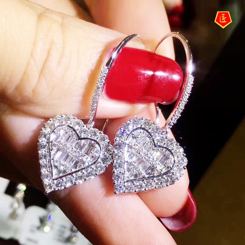 [Ready Stock]Heart-Shaped Full Diamond Pendant Moissanite Ring Earings Set