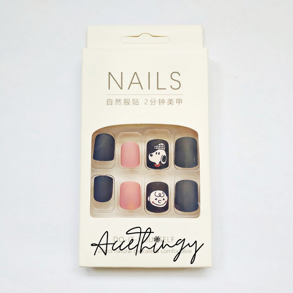 Kuku Palsu Snoppy Motif isi 24pcs / 3D Fakenails /Fake Nails / Hitam Pink Pastel Geometri / Nails-01