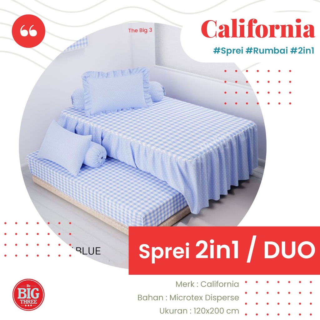 Sprei CALIFORNIA 2in1 DUO SORONG 120x200 motif Yellow Mickey Polka Metrico Mosaic Loop Ziggy Houndstooth Kaz Lexxa Orly Jasmine Blooming Marie Tropical Leaf Cat 120 SP DUO