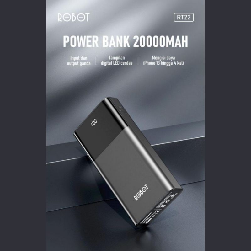 Power Bank ROBOT RT22 20000mAh Dual Input Micro Dan Type-C Dual Output USB-A 2.1A Black powerbank