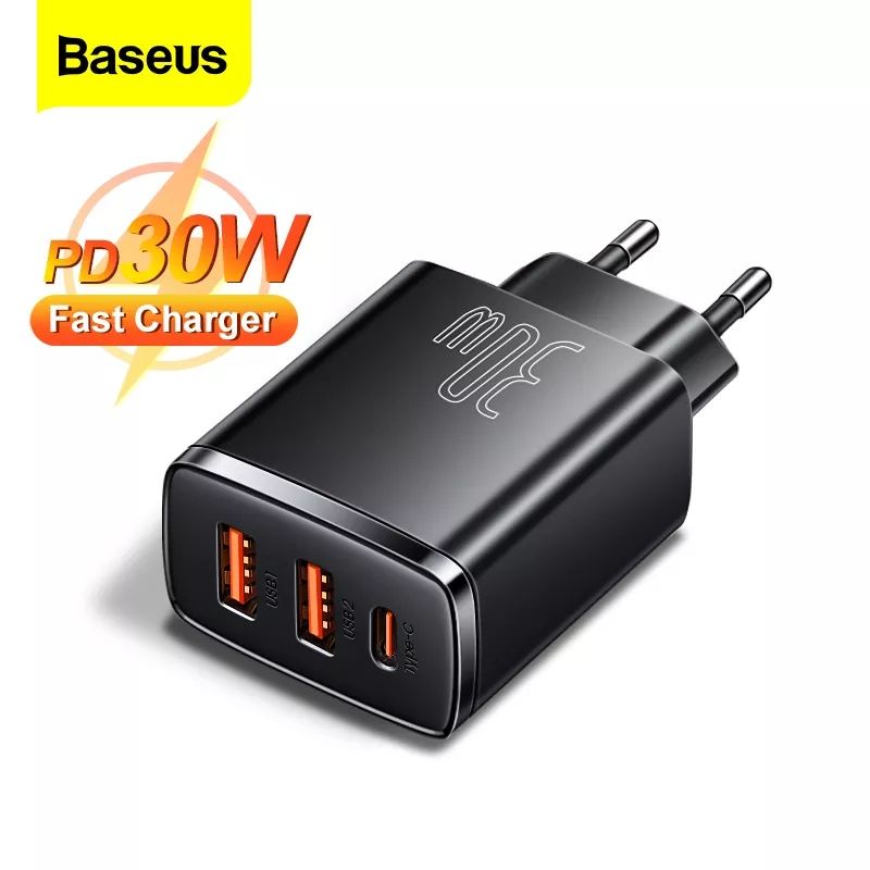 Baseus Charger Adaptor BASEUS 30W Dual USB + Type C Port Quick Charge