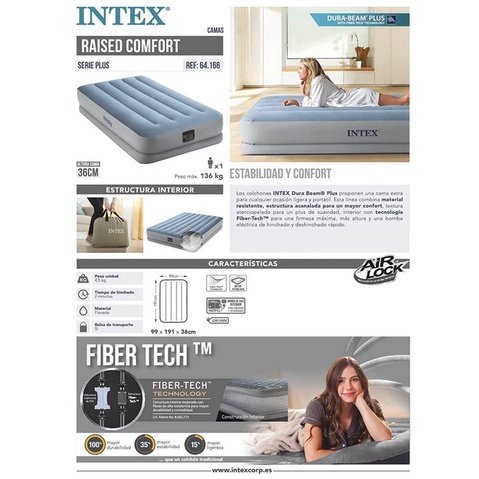 INTEX 64166 Dura-beam Plus Fiber-Tech Pump Technology 99x1.91x36 Airbed built in electric pump