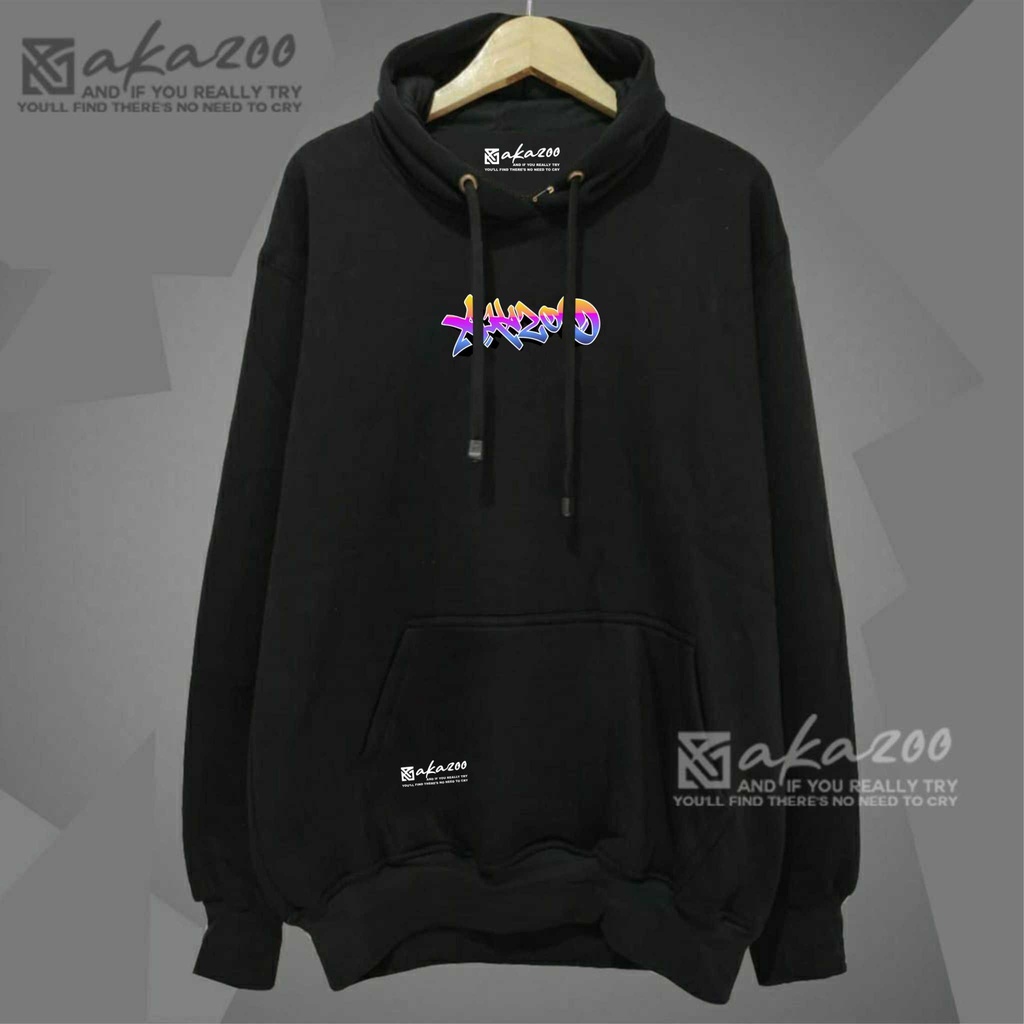 hoodie anime pria dewasa kekinian 2022 Warna hitam merek akazoo gambar AKAZOO grafity sablon putih Motif polos dan prins dan huruf gaya atletis korean street style Bahan katun jenis Lengan lengan Panjang Musim Dingin hodi cowok distro tulisan keren unisex