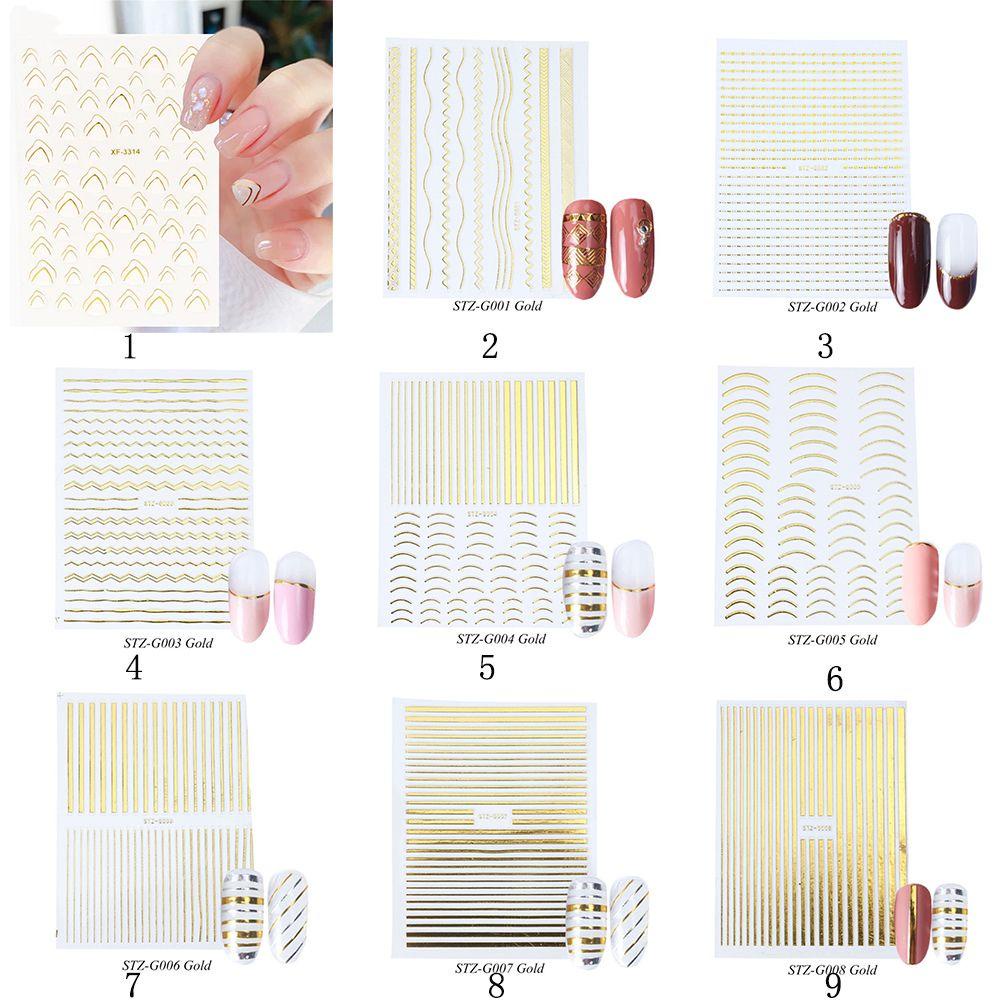 R-flower 3D Nail Sticker Self Adhesive Silver Gold Garis Geometris Stripe Transfer Stickers