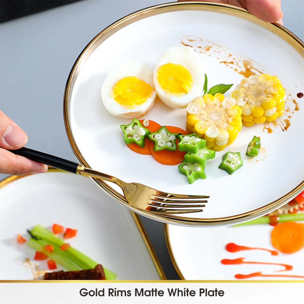 [SATUAN] WHITE - Piring Mangkok Makan Keramik Pinggiran Emas Cantik Ceramic Mewah Western Steak Gold Rim Plate