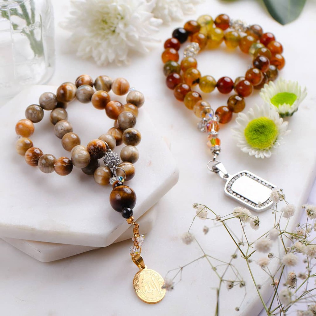 Tasbih Batu alam Tiger Eye Bermuda 33 Butir Original Batu Bandul Titanium anti Karat dan luntur Deng