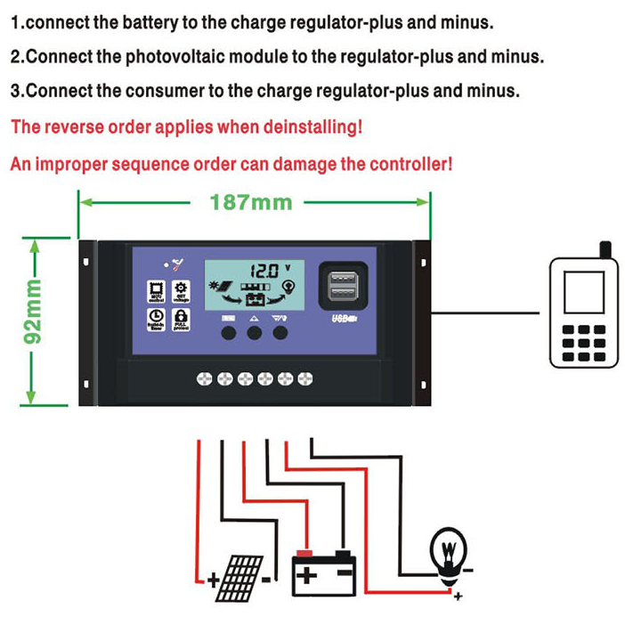 Solar Charge Controller LCD LED Display Solar PWM 12V/24V 10A 20A 30A 50A 60A USB Panel Surya Charge