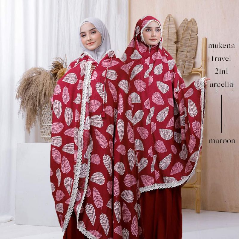 Raszi Official - Mukena Dewasa Traveling Katun Rayon Renda 2in1 Arcelia Warna Maroon