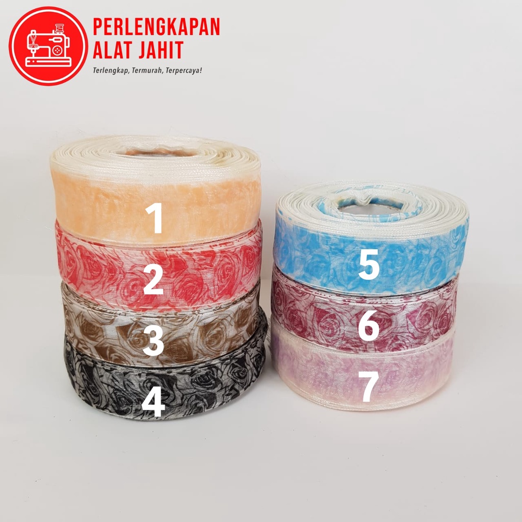 

(Meteran) Pita Organdi Motif Bunga Mawar 1 inch = 25 mm | Pita Kado Bingkisan Seserahan Hampers